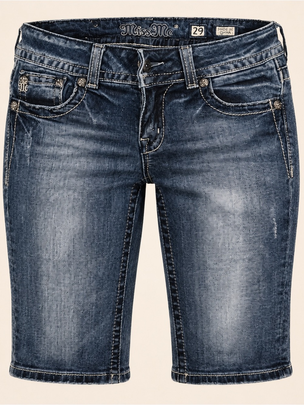 Miss Me Dark Indigo Denim Boyfriend Bermuda Shorts.